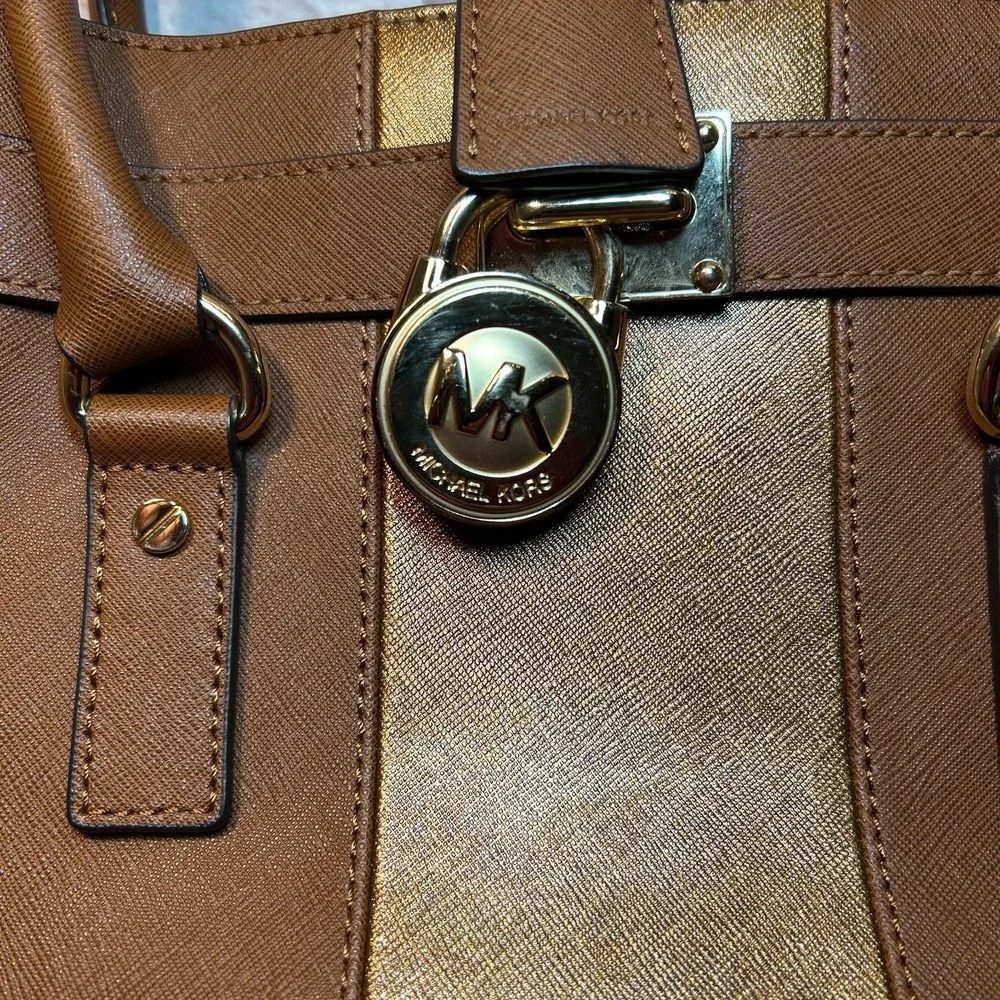 Michael Kors Hamilton Satchel Bag Brown Center Stripe Luggage Saffiano Leather